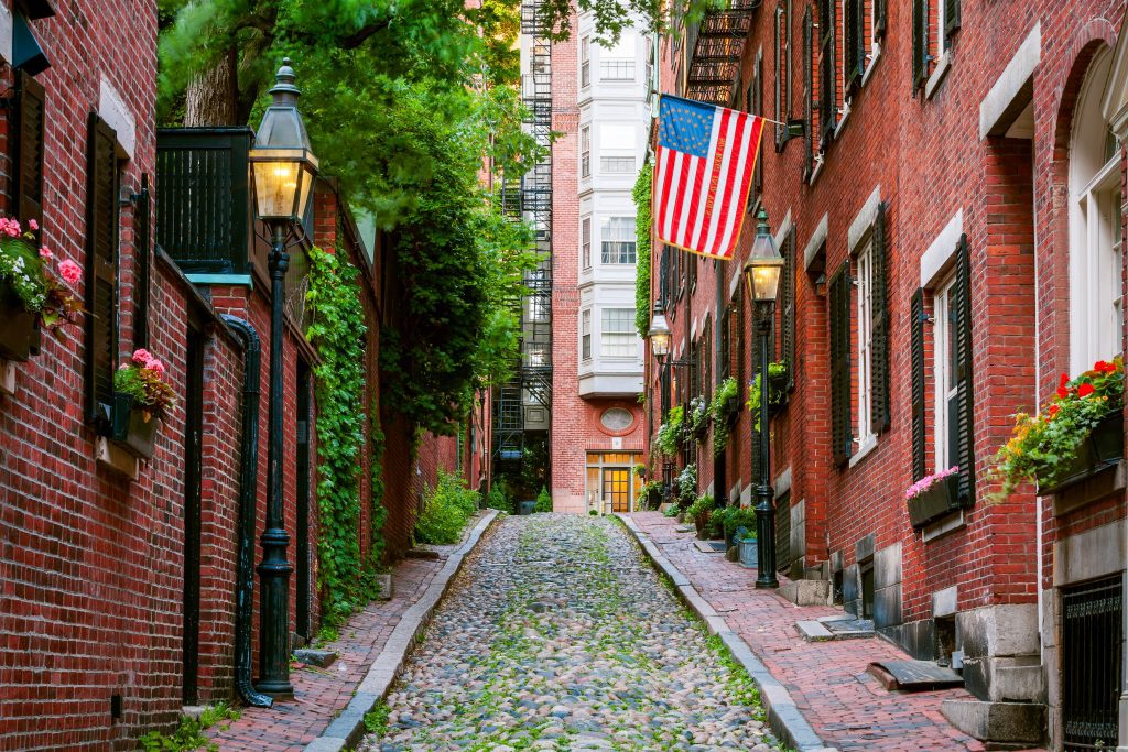 A photograph of a European-style street in Boston, Massachusetts.
