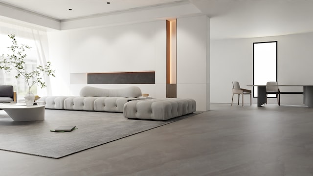 Spacious, minimalist living room with a large window and light grey furniture, illustrating a tip from the 'How to Cool Down Your Room' guide.
