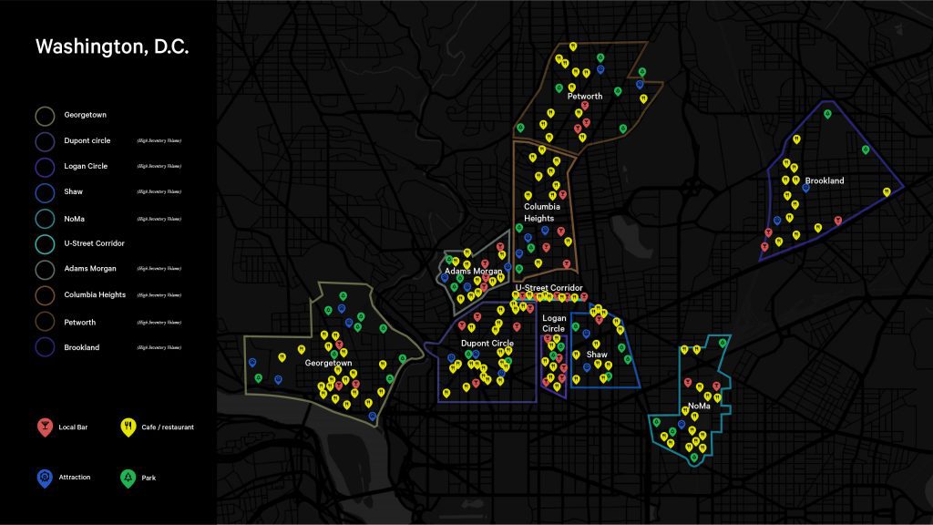 Interactive map of Washington DC showcasing the 12 best neighborhoods, providing a comprehensive guide for visitors and new residents.