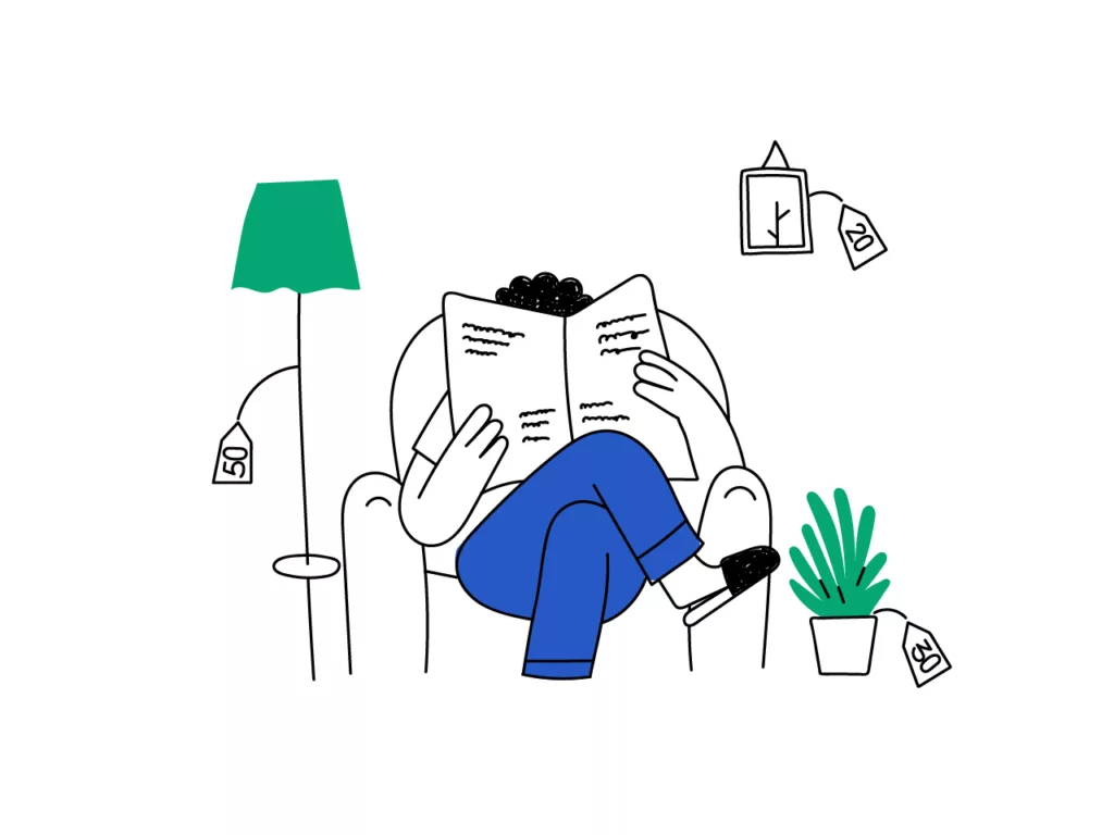 An illustration of a man sitting on a couch, reading an article on how to determine how much rent he can afford using a rent calculator.