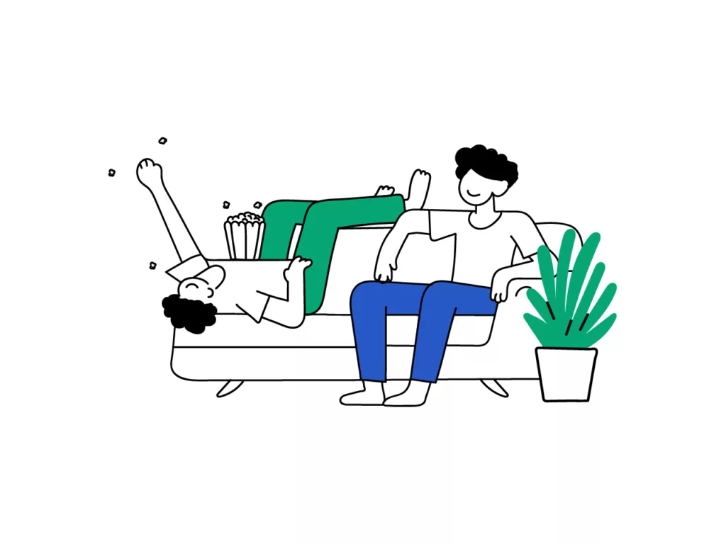 Illustration of two young individuals sitting comfortably on a couch, possibly in a coliving space, engaged in conversation or leisure activities, highlighting the social benefits of coliving while also pointing out potential drawbacks such as lack of privacy.
