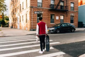 Man in red and white long sleeve shirt and black pants walking on pedestrian lane in Queens, NYC