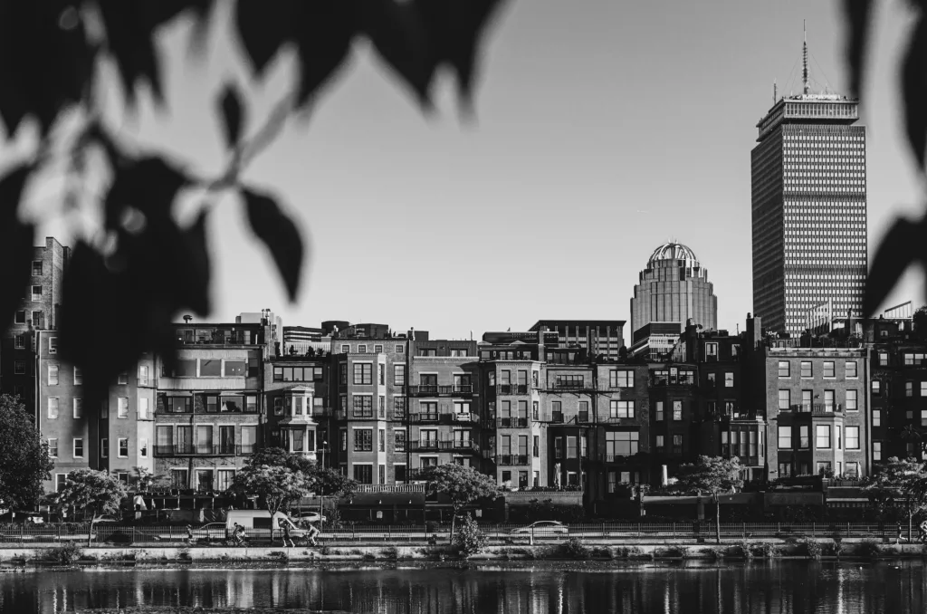 Grayscale photo of city buildings, Back Bay, Boston, MA, USA