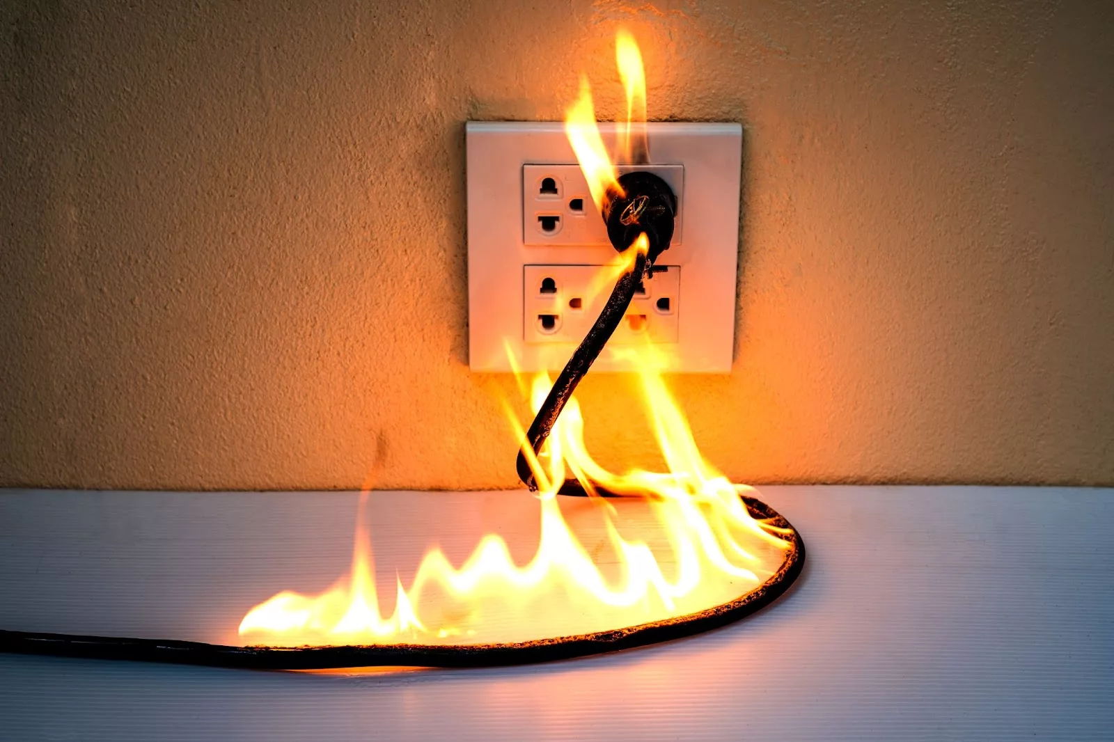An electrical outlet with flames emerging from a plugged-in cord, illustrating the danger of electrical fires in a home. This image could serve as a cautionary visual for an article titled 'Safeguarding Your Home: A Comprehensive Guide to Preventing Electrical Fires,' emphasizing the importance of electrical safety and fire prevention methods.