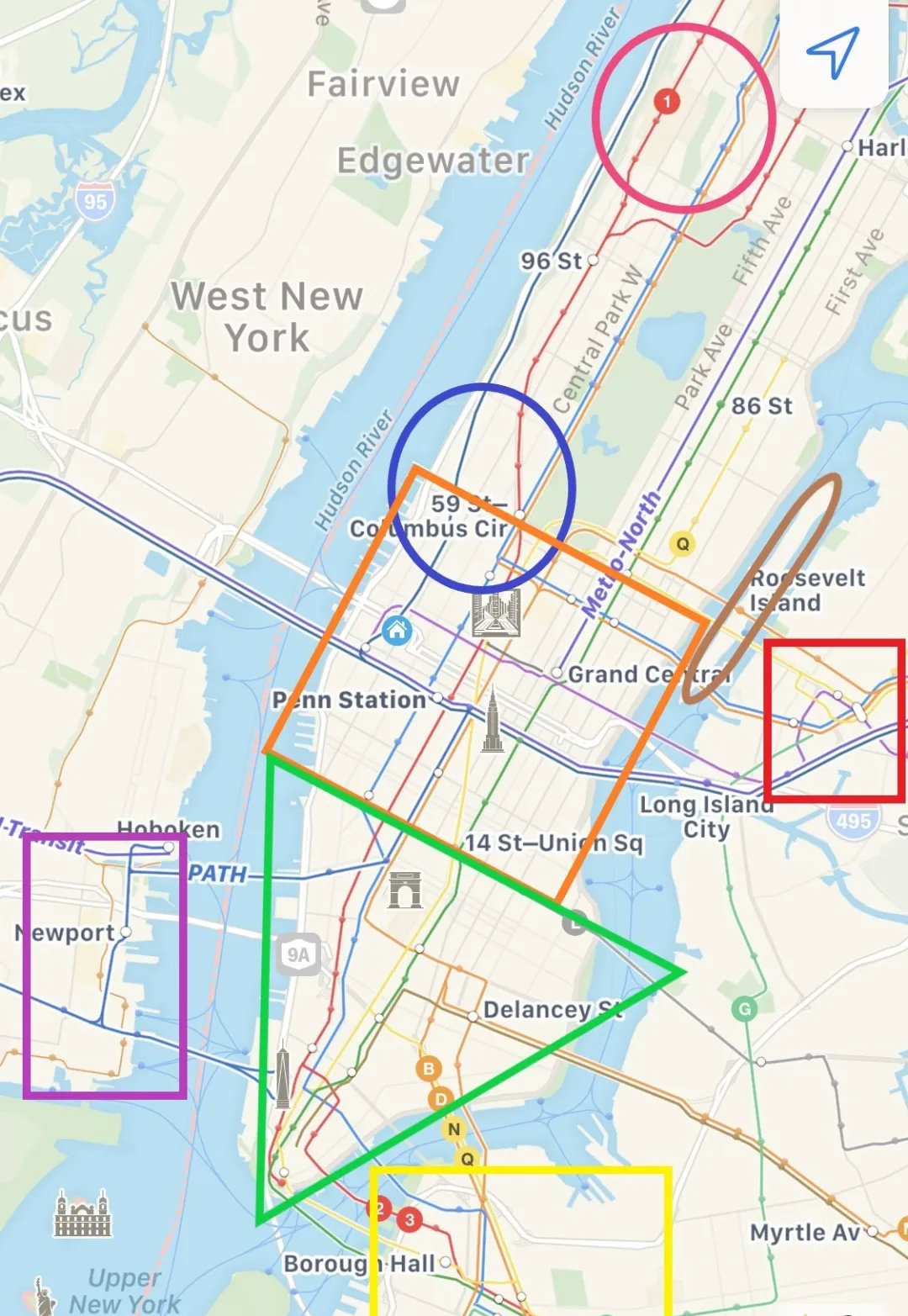 This image shows a section of a map, likely from a mobile mapping application, featuring parts of New York City. The map is overlaid with various colored lines and shapes, possibly indicating different routes or areas of interest. Notable landmarks such as Penn Station, Columbus Circle, and the Hudson River are labeled. The map also includes representations of streets, subway lines, and icons for specific locations like a courthouse and a library. There are colored geometric shapes drawn on the map, such as circles and rectangles, which do not correspond to standard map symbols and may have been added by a user for specific purposes.