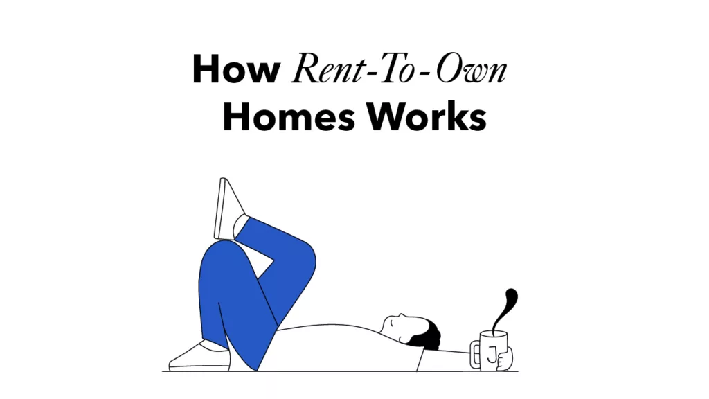 The image is a graphic with the title "How Rent-To-Own Homes Works" against a white background. Below the title is a simple black line drawing of a relaxed person lying on their back, with their legs crossed and hands resting behind their head. They are wearing blue pants and sneakers, and beside them, there's a mug with a spoon in it, possibly suggesting a comfortable home environment. The illustration is minimalistic, with a casual and modern style that reflects a sense of ease and simplicity, perhaps paralleling the concept of a rent-to-own home arrangement as being straightforward and accessible.