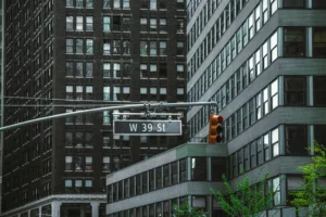 A street view of West 39th Street in New York City