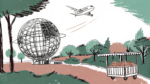 minimalist one-line drawing that captures the spirit of Queens. Include the Unisphere, a small airplane, and a street food cart