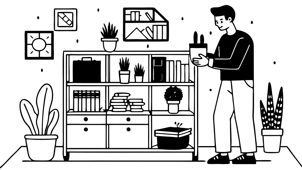 The scene shows a young adult peacefully organizing a small shelf or drawer in a tidy living room. Around them, the space is calm, open, and well-kept—plants, a few framed prints, and functional storage like baskets or vertical shelving are visible.