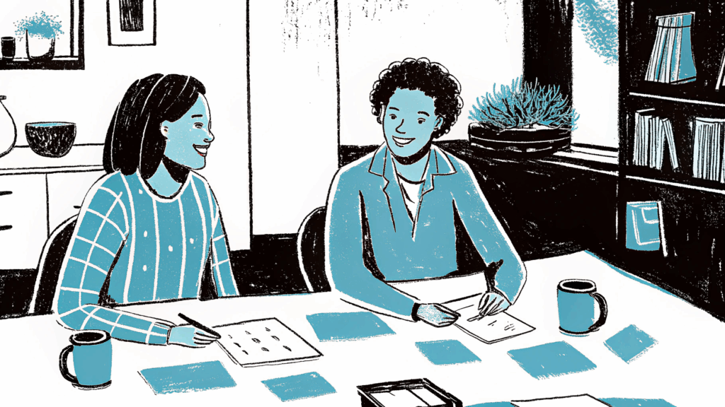 A stylish, modern illustration of two or three diverse young adults sitting around a kitchen table in a shared apartment, casually talking and laughing, with post-it notes, coffee mugs, and a visible checklist on the table.