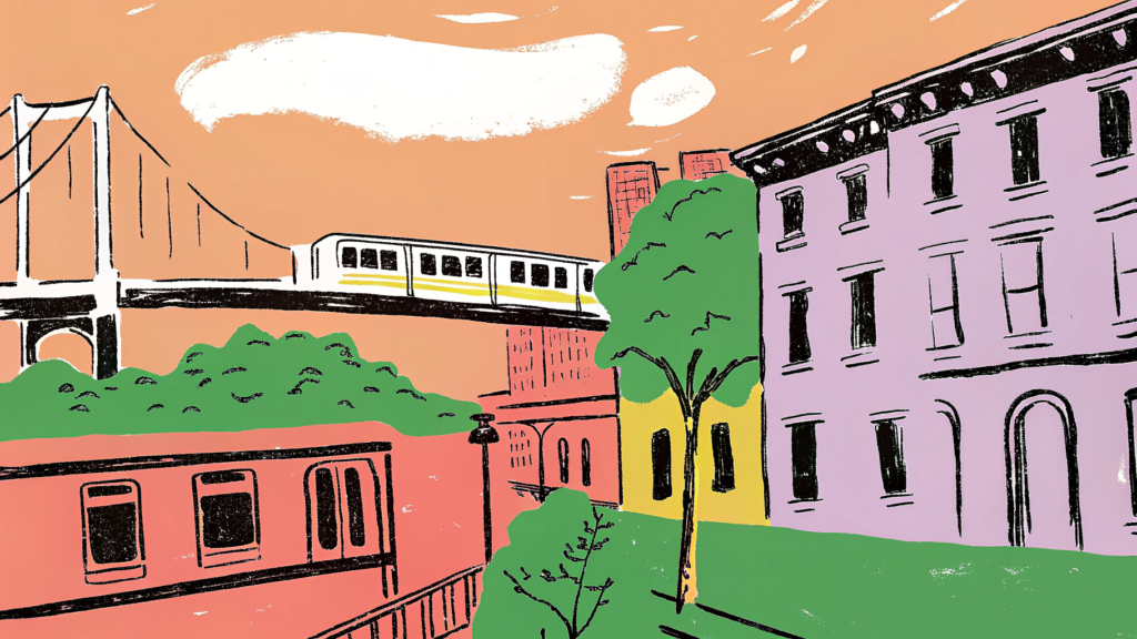 The Brooklyn skyline with the Williamsburg waterfront, brownstone stoops, and a sub way train above ground sketch.